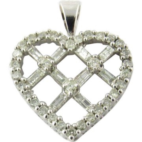 Vintage 14K White Gold Diamond Criss Cross Heart Pendant #1386 - Picture 1 of 9